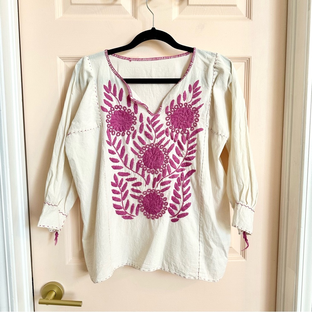 Vintage Cream Peasant Top with Pink Embroidery